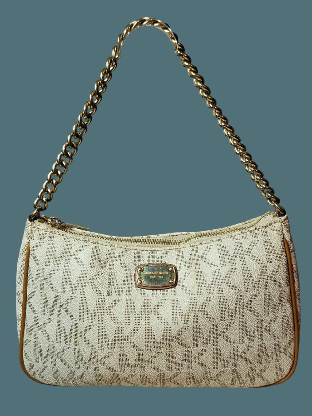 Michael Kors Jet Set Signature Logo Coated Canvas Pochette/Baguette Chain Bag